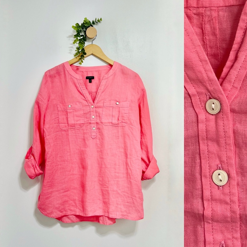 Talbots 100% Linen Pink Lagenlook Button Down Minimalist Shirt